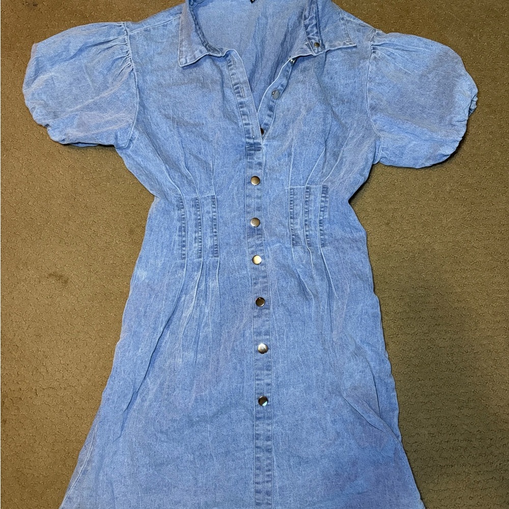 Puff Sleeve Denim Button-Up Dress